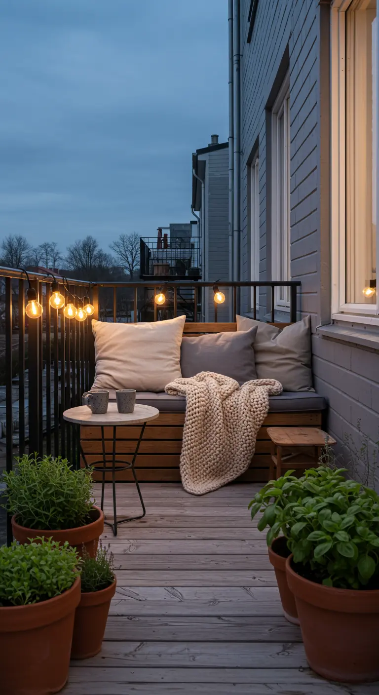 Balcón escandinavo acogedor al atardecer con banco de madera, cojines, manta y guirnaldas de luces.