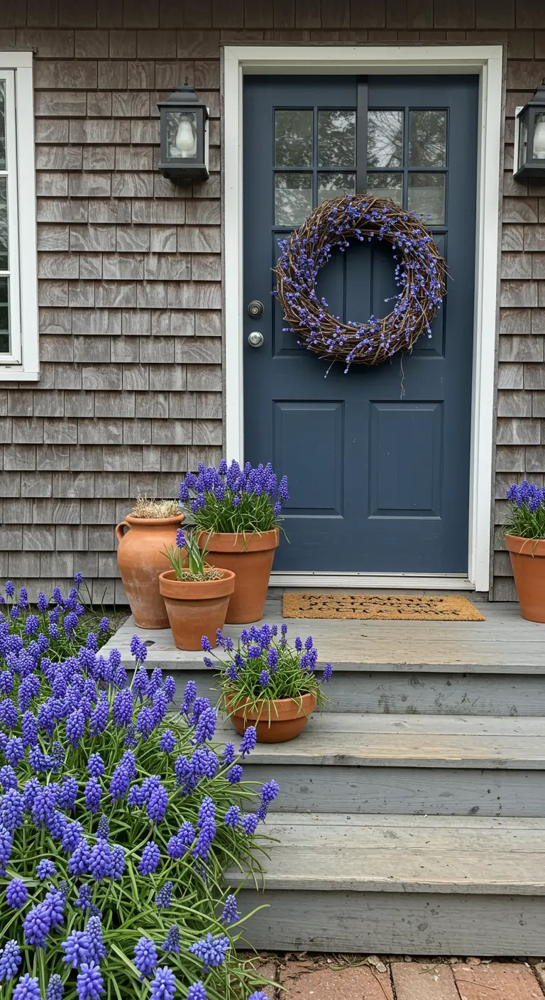 Porche rústico con puerta azul oscuro y una profusión de flores de muscari azules en el suelo y en macetas