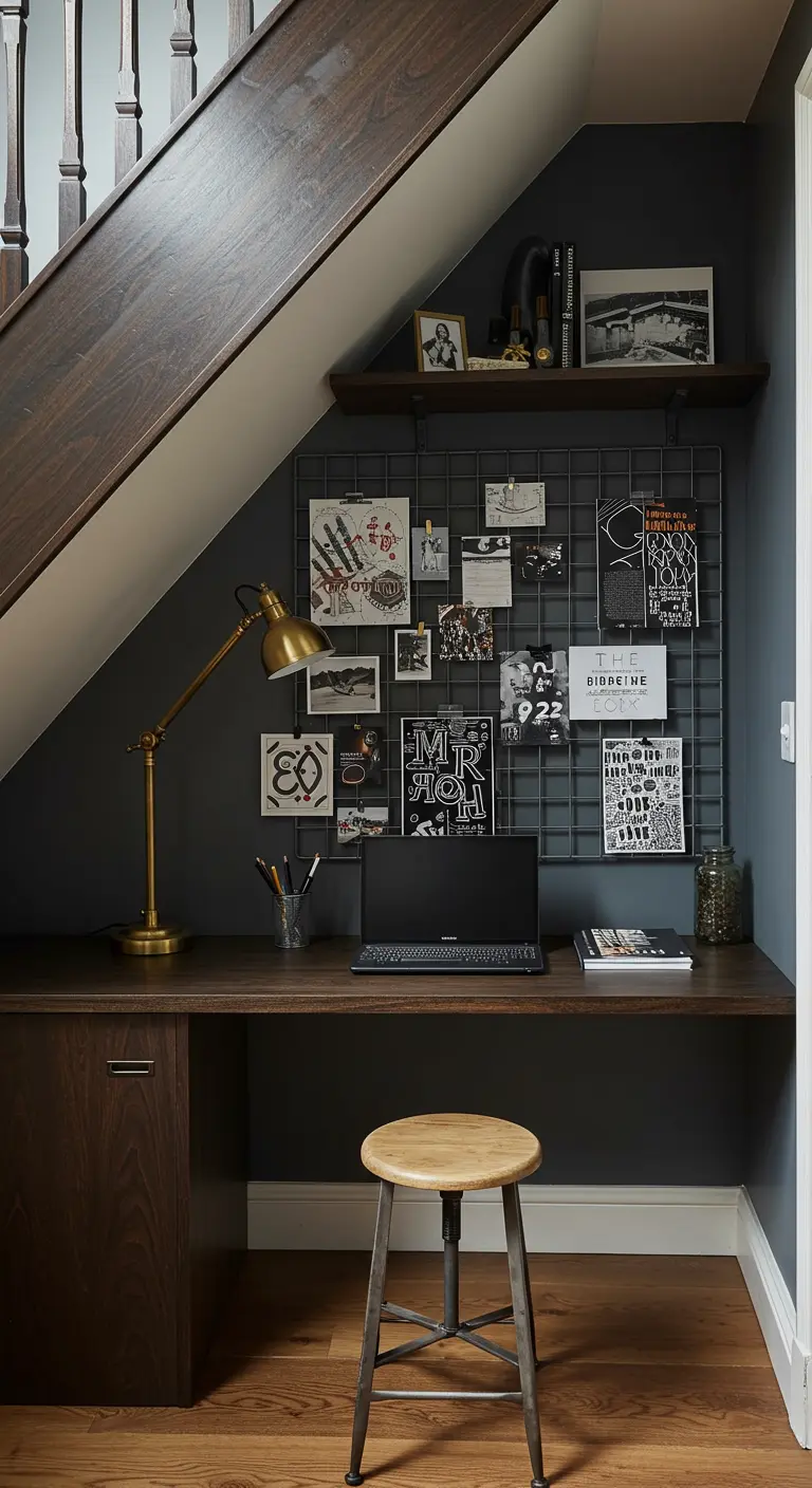 Oficina debajo de una escalera con pared oscura, escritorio de madera y un panel de rejilla para notas