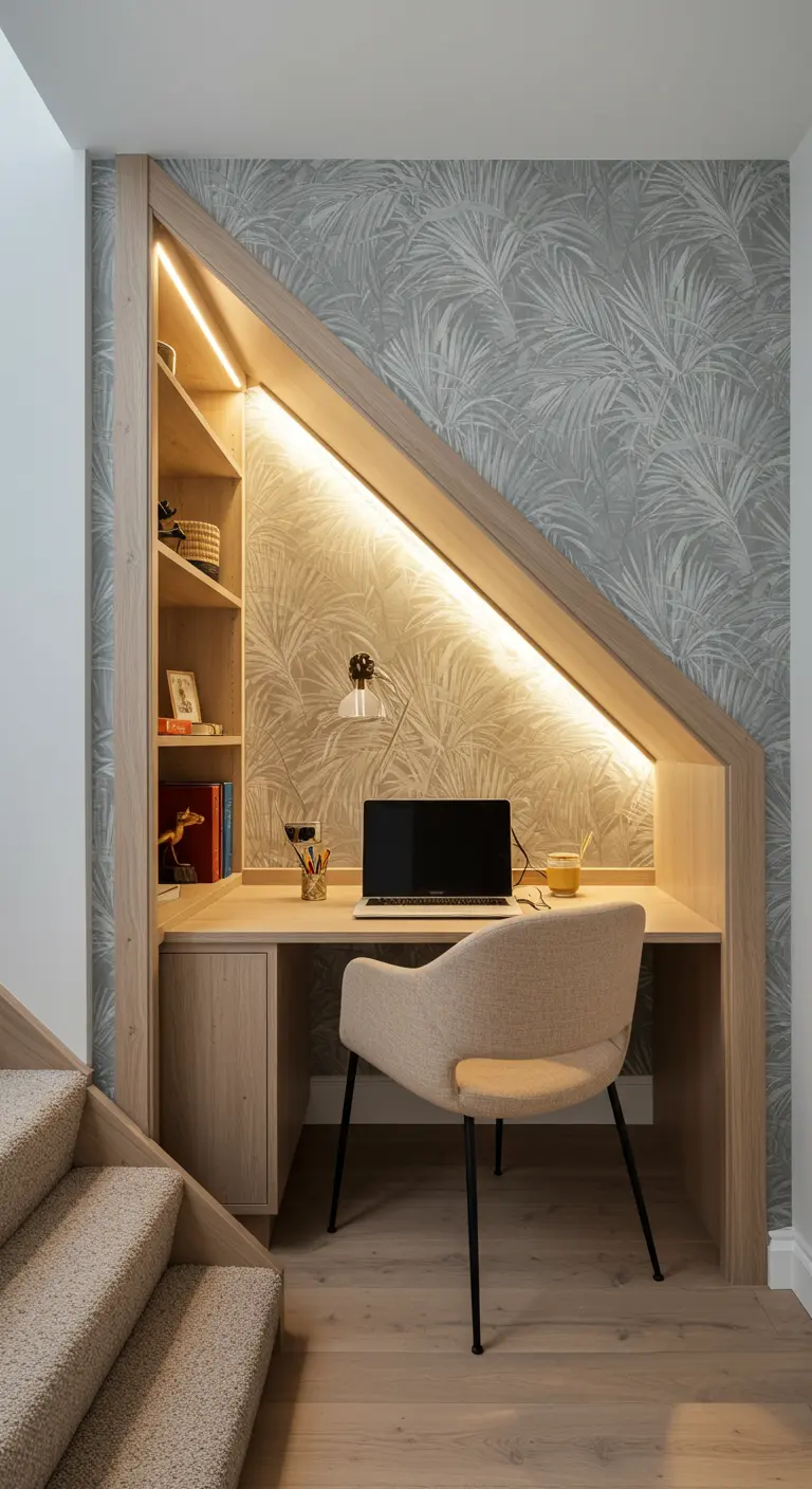 Oficina compacta y bien iluminada construida bajo una escalera, con papel tapiz de hojas de palma.