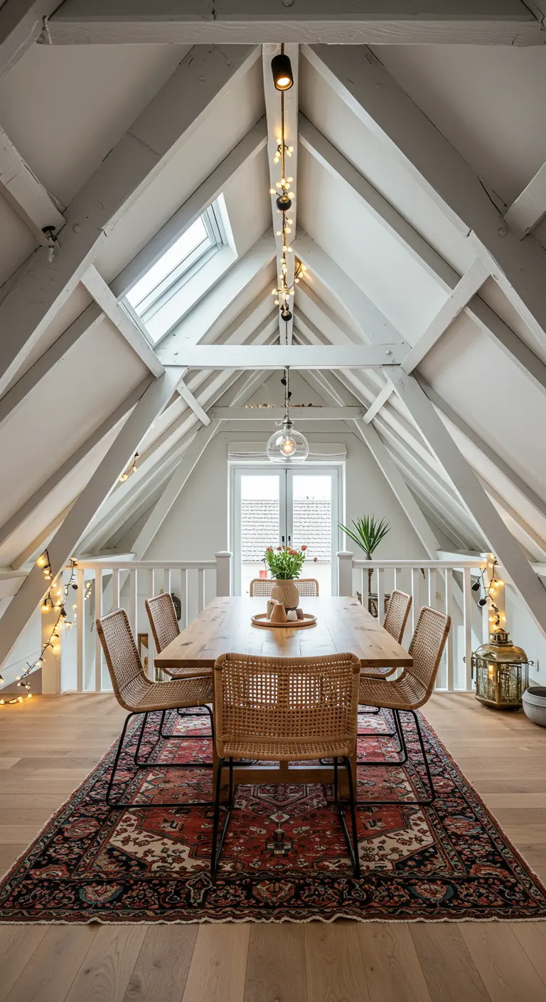 Comedor en un ático con vigas de madera blancas, mesa de comedor y guirnaldas de luces