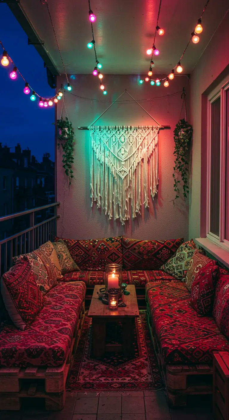 Balcón bohemio con sofás de palets, tapiz de macramé y guirnaldas de luces LED de colores