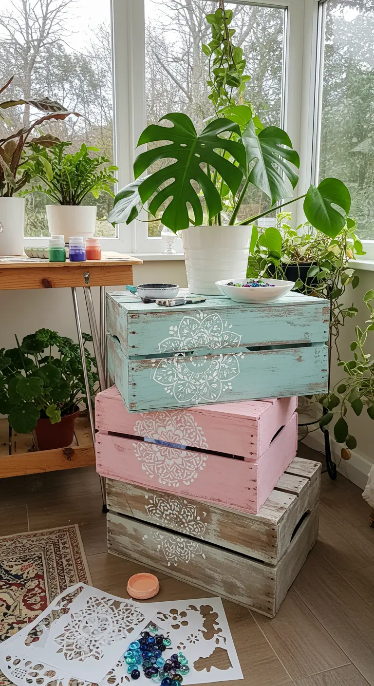 Cajas de madera pintadas en tonos pastel con mandalas blancos, apiladas en un rincón luminoso.
