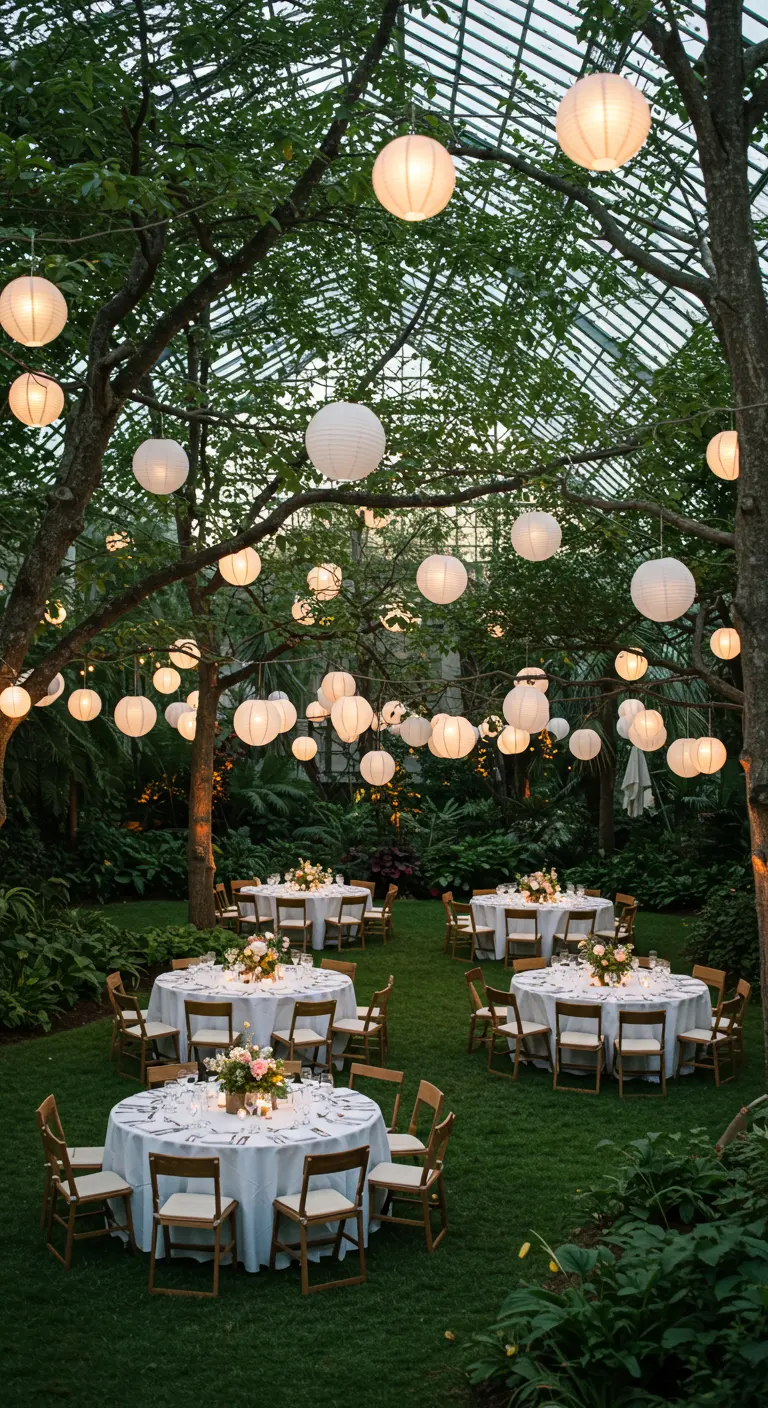 Recepción de boda en un invernadero con lámparas de papel colgando entre los árboles.
