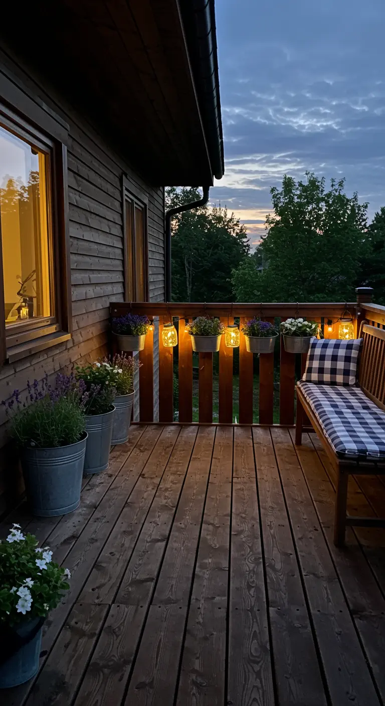 Terraza de madera con banco, cojín de cuadros y luces solares dentro de frascos colgados de la valla.