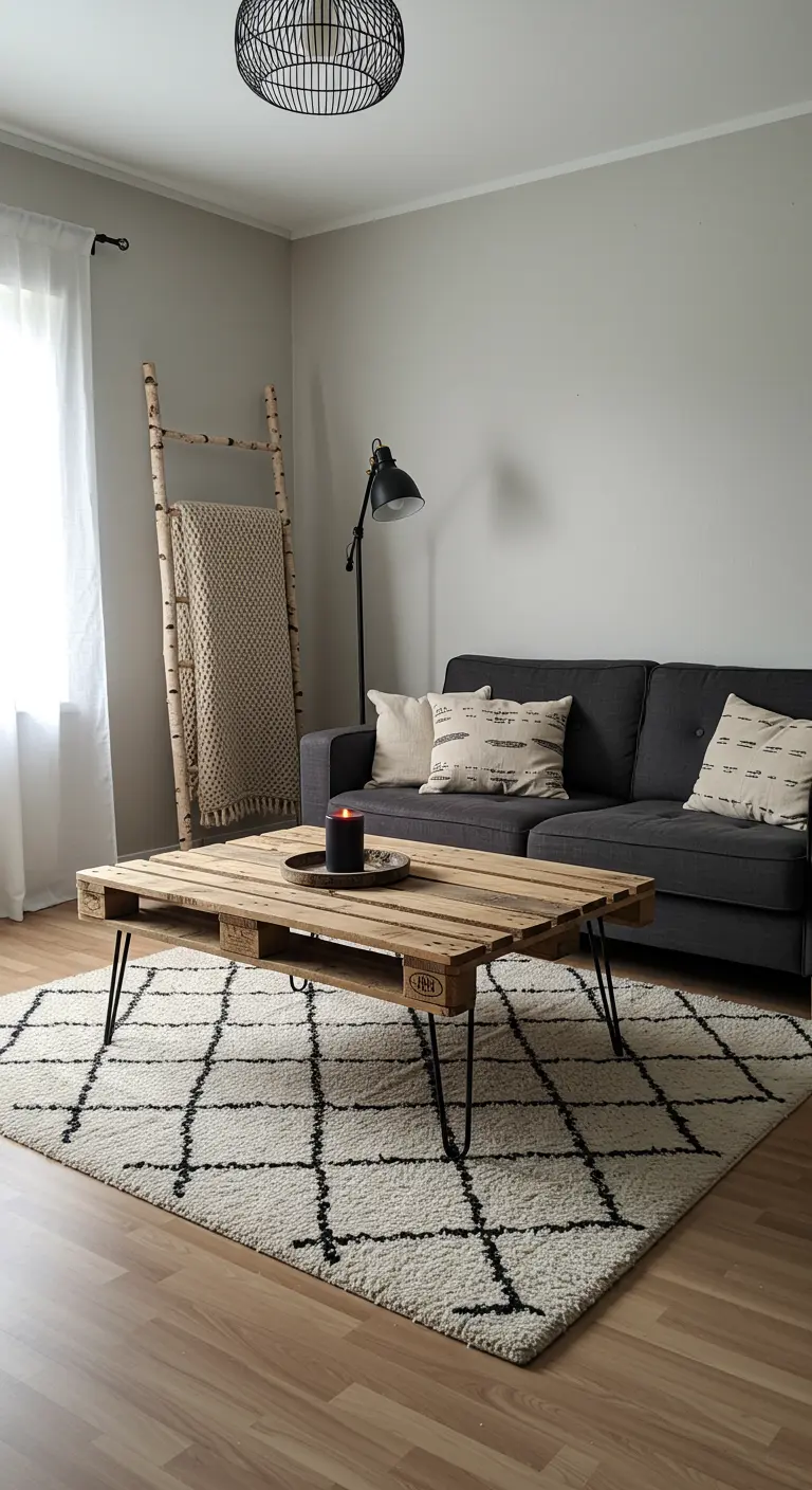 Mesa de centro hecha con un palet de madera y patas de horquilla de metal negro