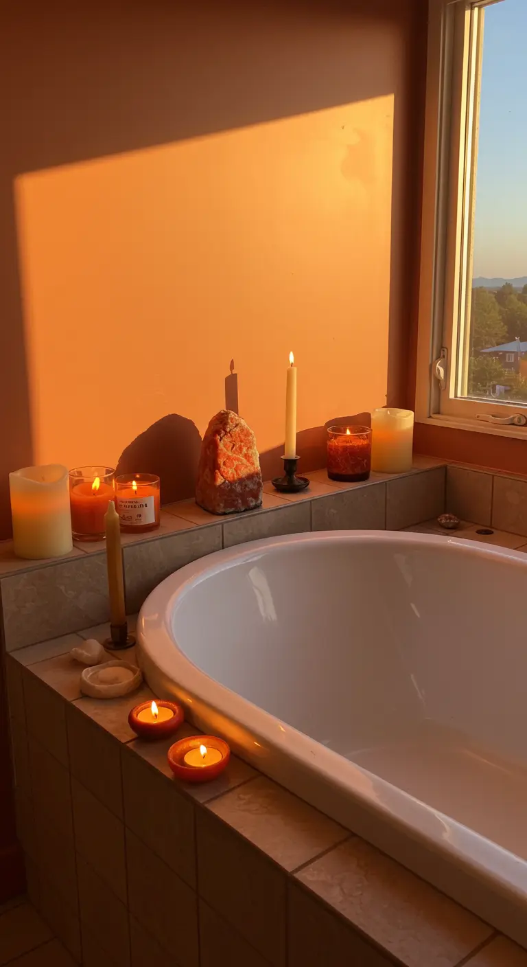 Baño con paredes color terracota iluminado por la luz del atardecer, con velas y una lámpara de sal.