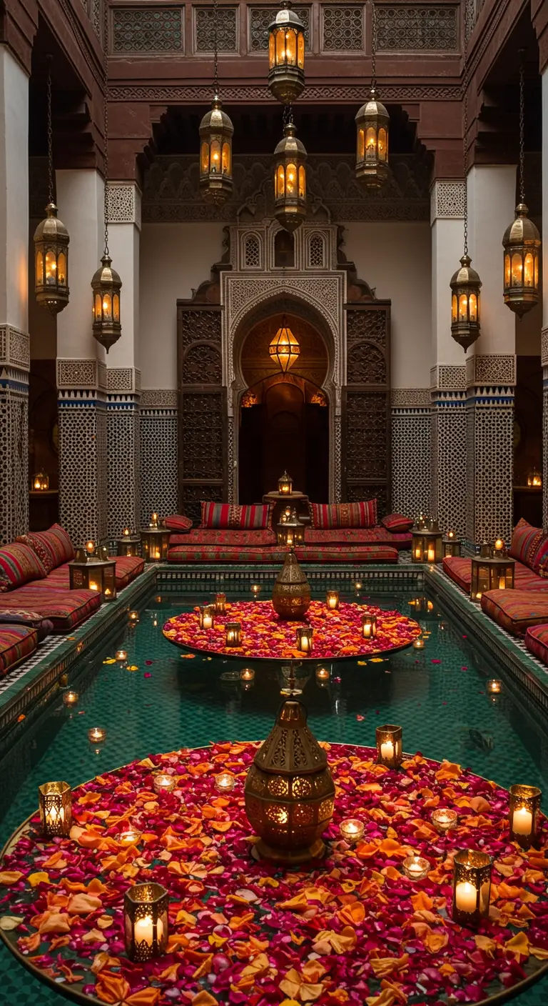 Riad marroquí con piscina llena de pétalos de colores y velas, iluminado por faroles árabes.
