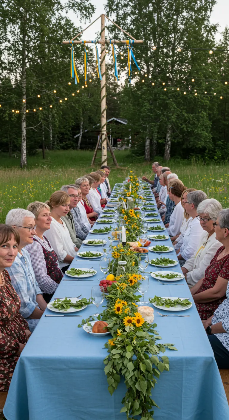 Larga mesa con mantel azul y girasoles en una celebración de Midsommar al aire libre.