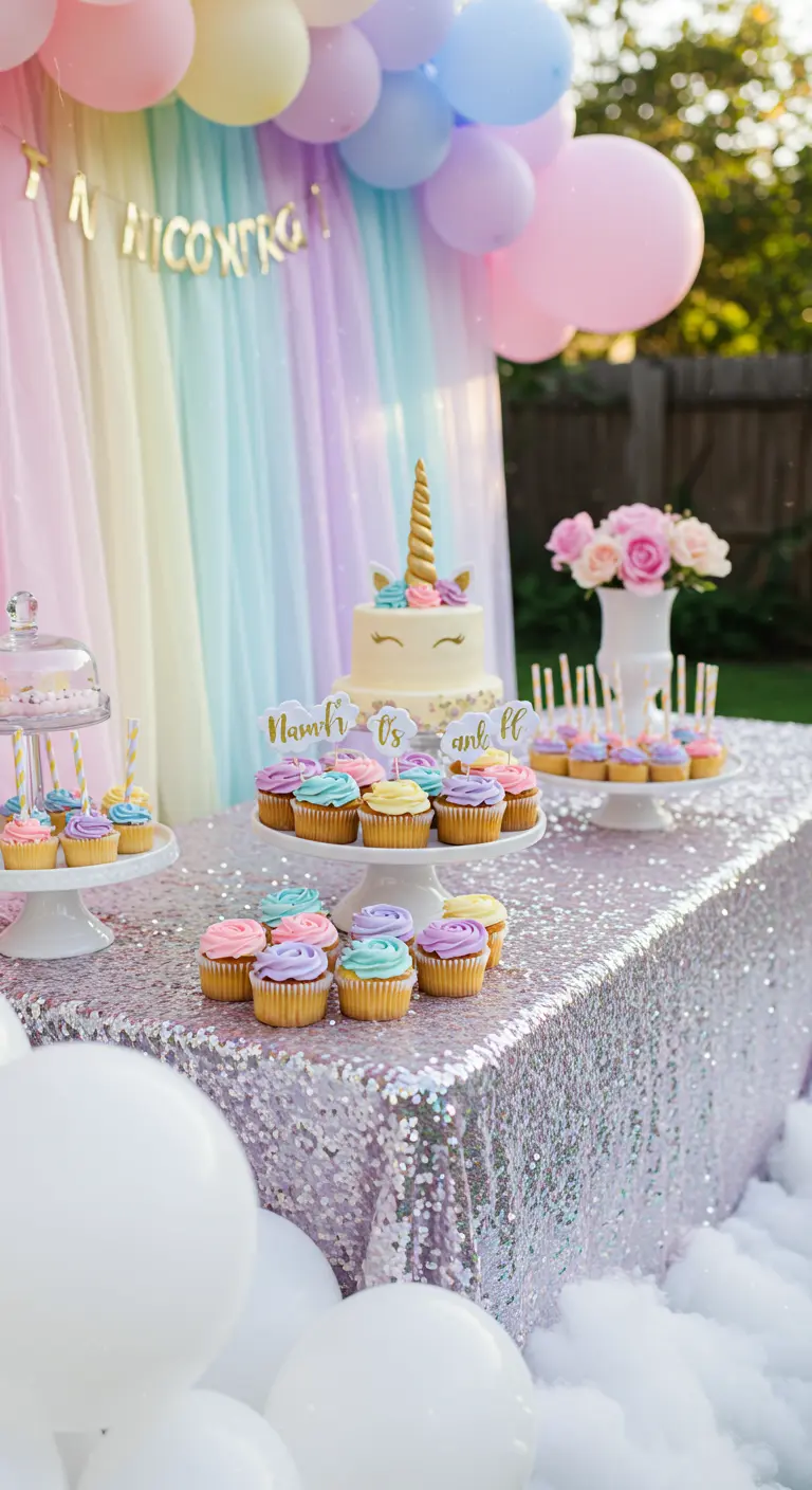 Mesa de postres de unicornio con pastel, cupcakes de arcoíris y un mantel de lentejuelas.