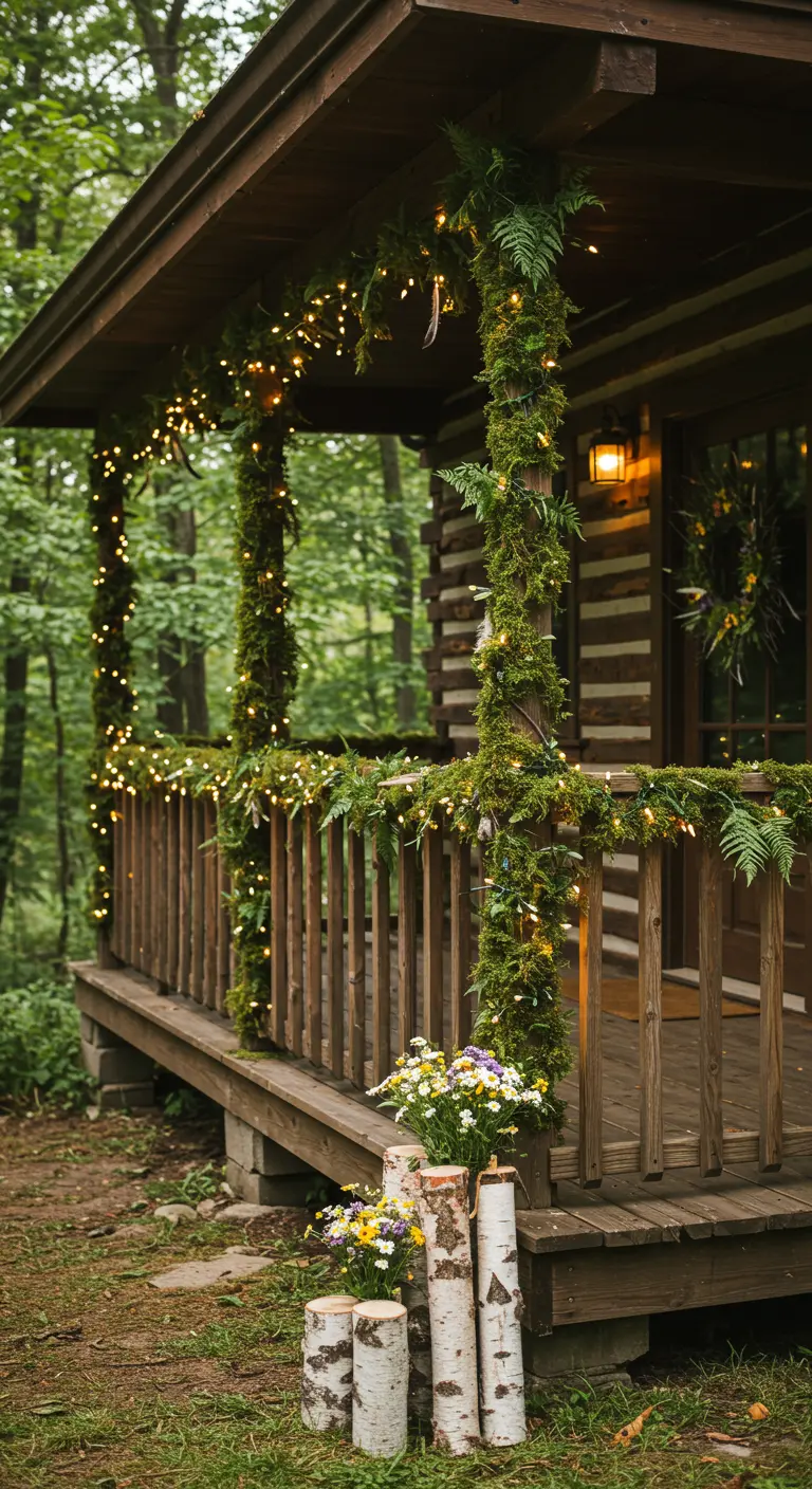 Porche de una cabaña de madera decorado con guirnaldas de musgo, helechos y luces cálidas.