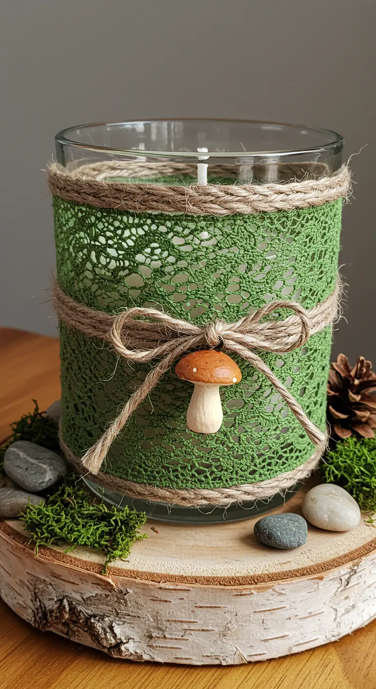 Vela en vaso con encaje verde, yute y un adorno de seta sobre una base de madera.