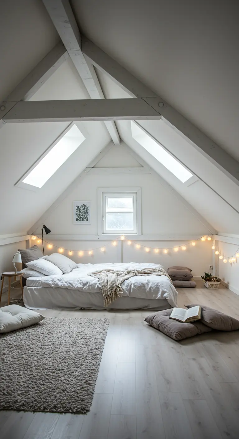 Ático acogedor con vigas blancas, cama baja en el suelo y guirnaldas de luces