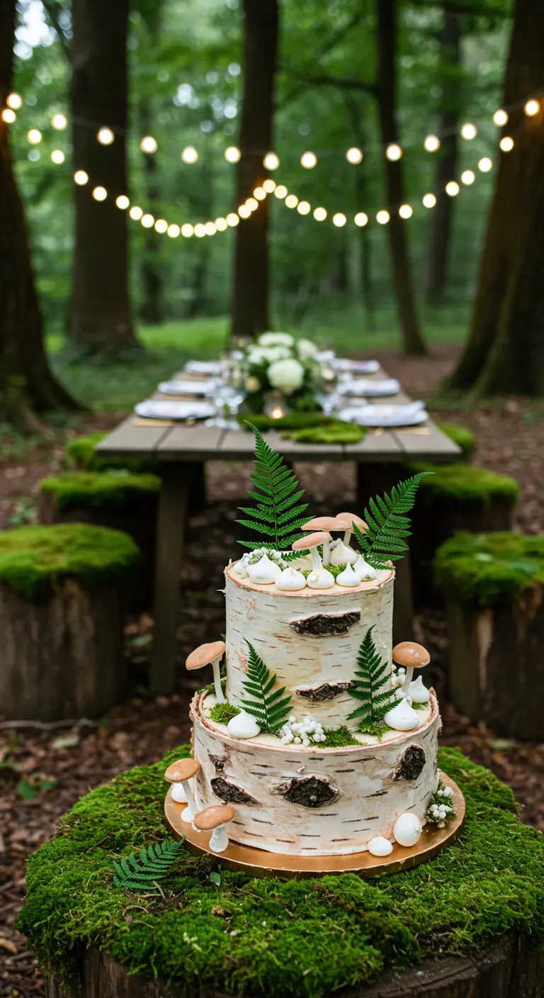 Pastel con aspecto de corteza de abedul decorado con helechos en un bosque.