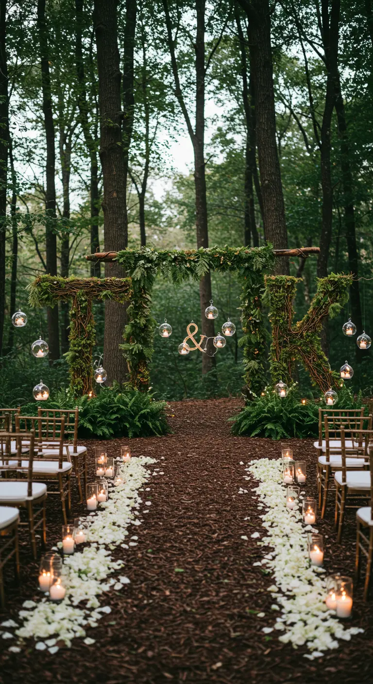 Iniciales 'T & K' hechas de ramas y musgo, formando un arco en una ceremonia en el bosque.