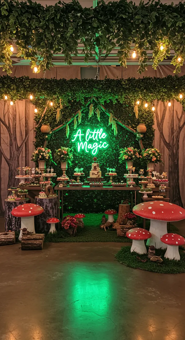 Mesa de dulces en un bosque encantado con un neón verde 'A little Magic' y setas gigantes.