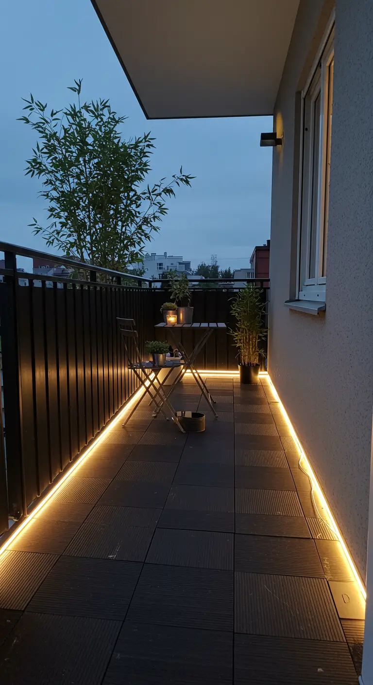 Balcón estrecho con una tira de luz LED cálida que recorre todo el perímetro del suelo.