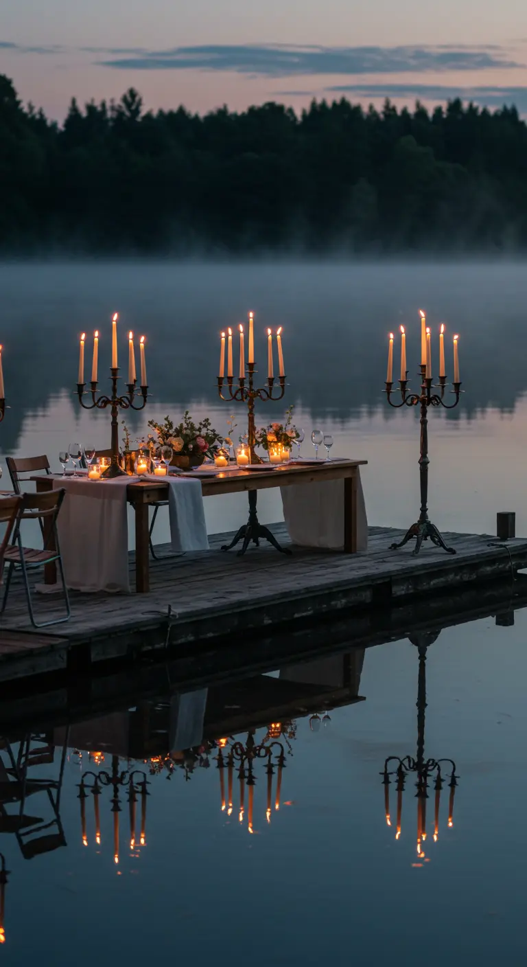 Mesa de cena en un muelle al anochecer, con candelabros cuyas luces se reflejan en el agua.