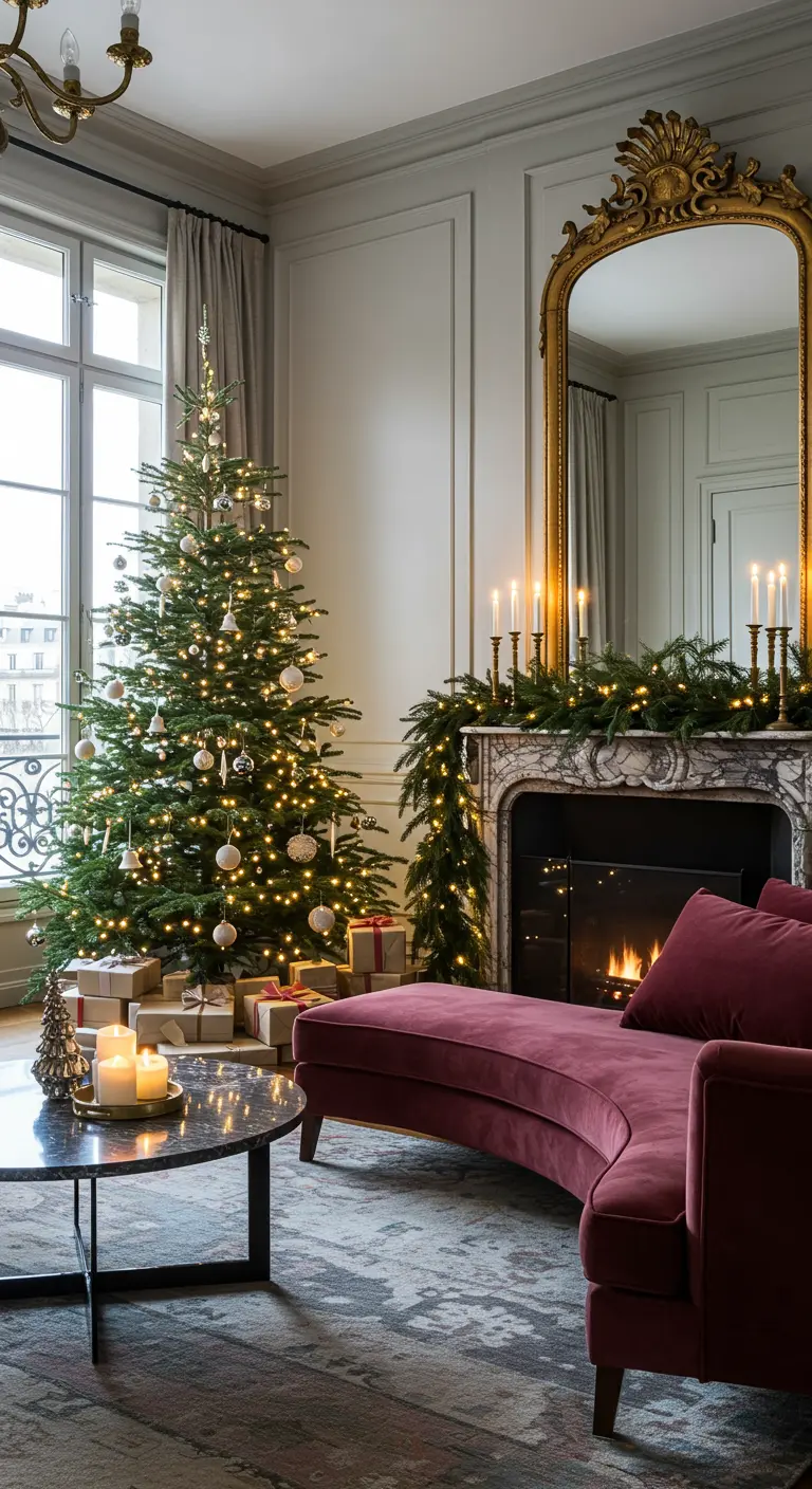 Sala parisina decorada para Navidad con un árbol iluminado y guirnaldas sobre la chimenea.