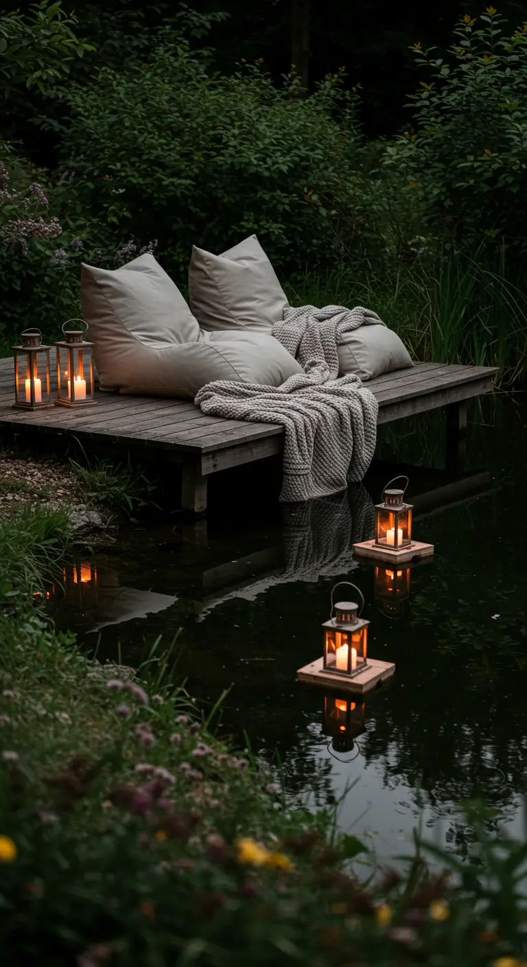 Muelle de madera junto a un estanque con cojines, mantas y faroles flotantes sobre el agua.