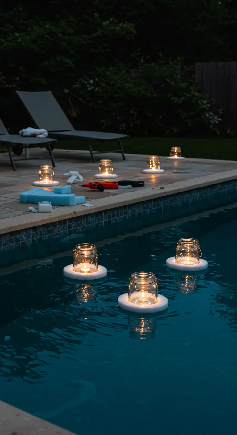 Pequeños frascos con velas solares flotando en una piscina durante la noche.