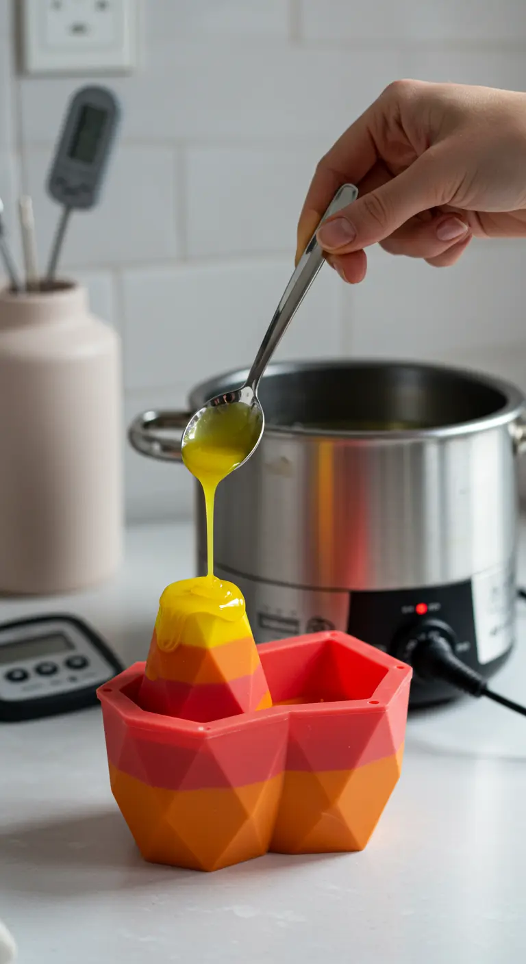 Mano vertiendo cera amarilla derretida en un molde de silicona geométrico de color naranja.
