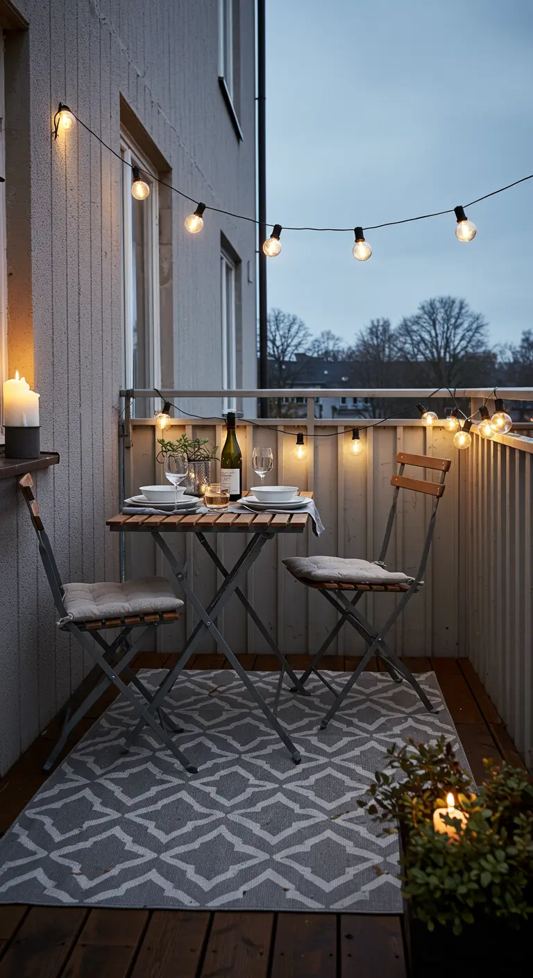 Balcón íntimo con mesa y sillas plegables iluminado por una guirnalda de luces cálidas.