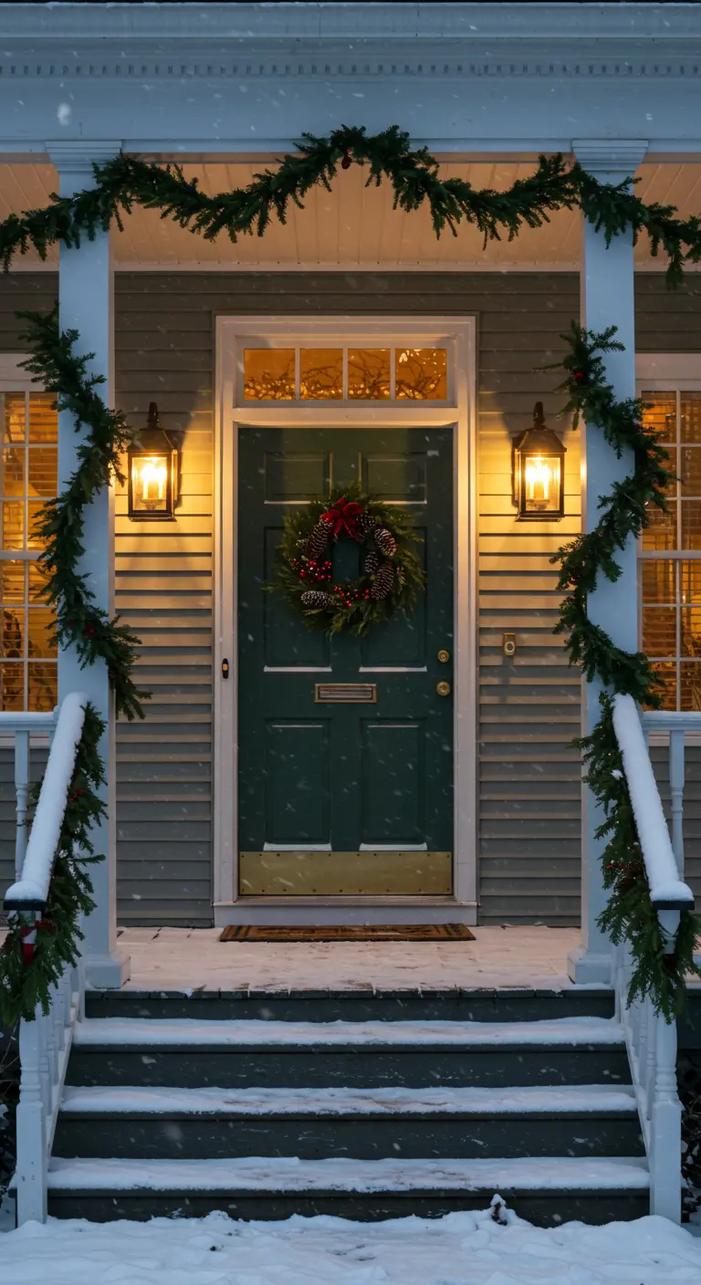 Entrada de una casa nevada decorada para Navidad con guirnaldas de pino y una corona en la puerta verde