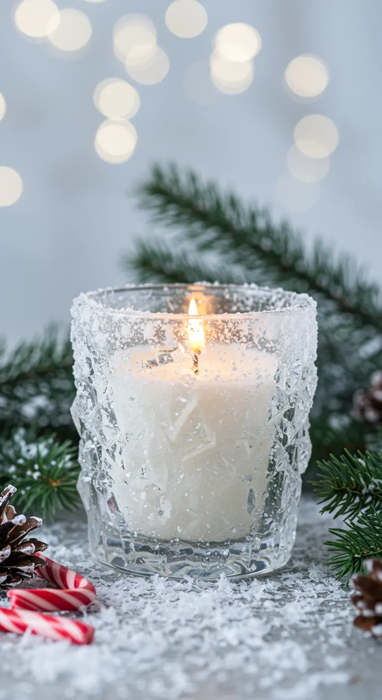 Vela blanca en un vaso de cristal tallado cubierto con un efecto de escarcha o nieve