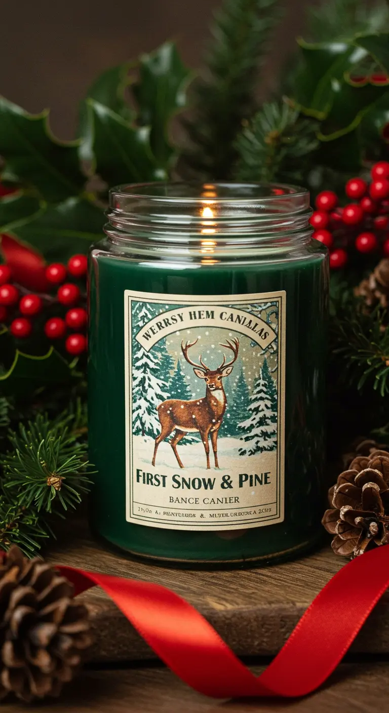 Vela verde oscuro con aroma a pino y una etiqueta de un ciervo en un paisaje nevado, rodeada de acebo.