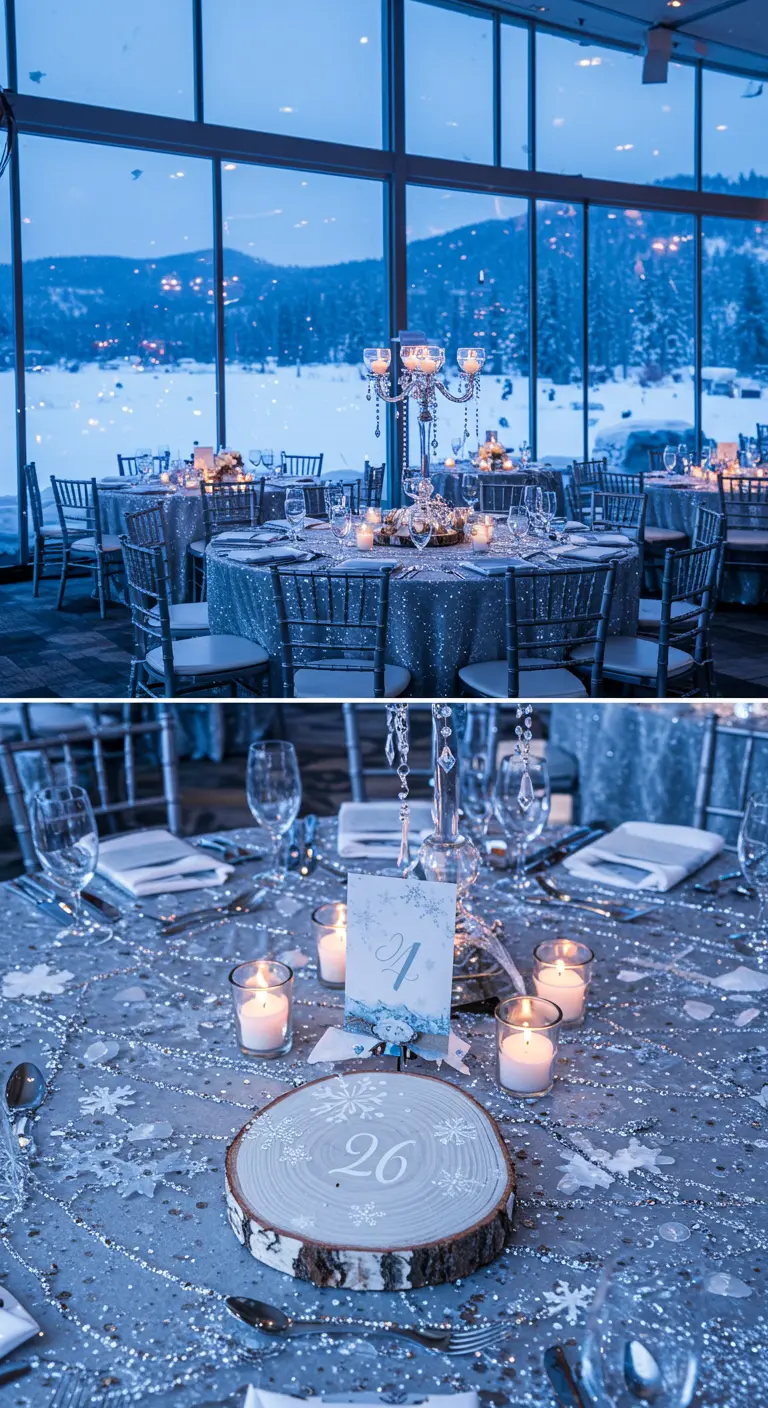 Número de mesa en una rodaja de abedul con copos de nieve plateados, sobre mantel brillante.