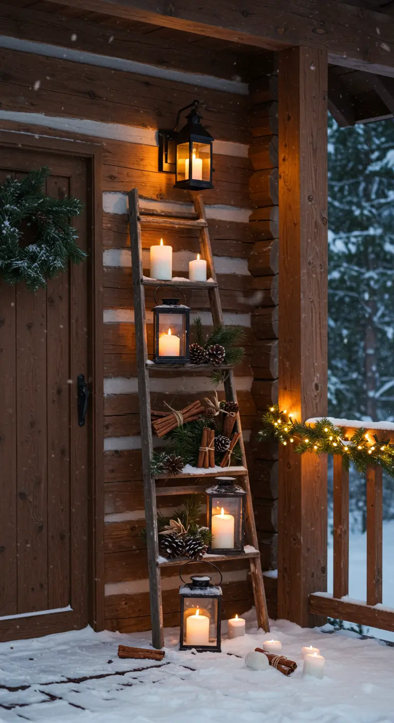 Porche nevado con una escalera de madera decorada con faroles, velas y adornos invernales.