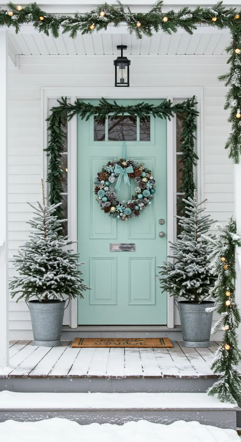 Puerta verde menta con decoración navideña: guirnaldas, corona con lazos azules y árboles nevados.