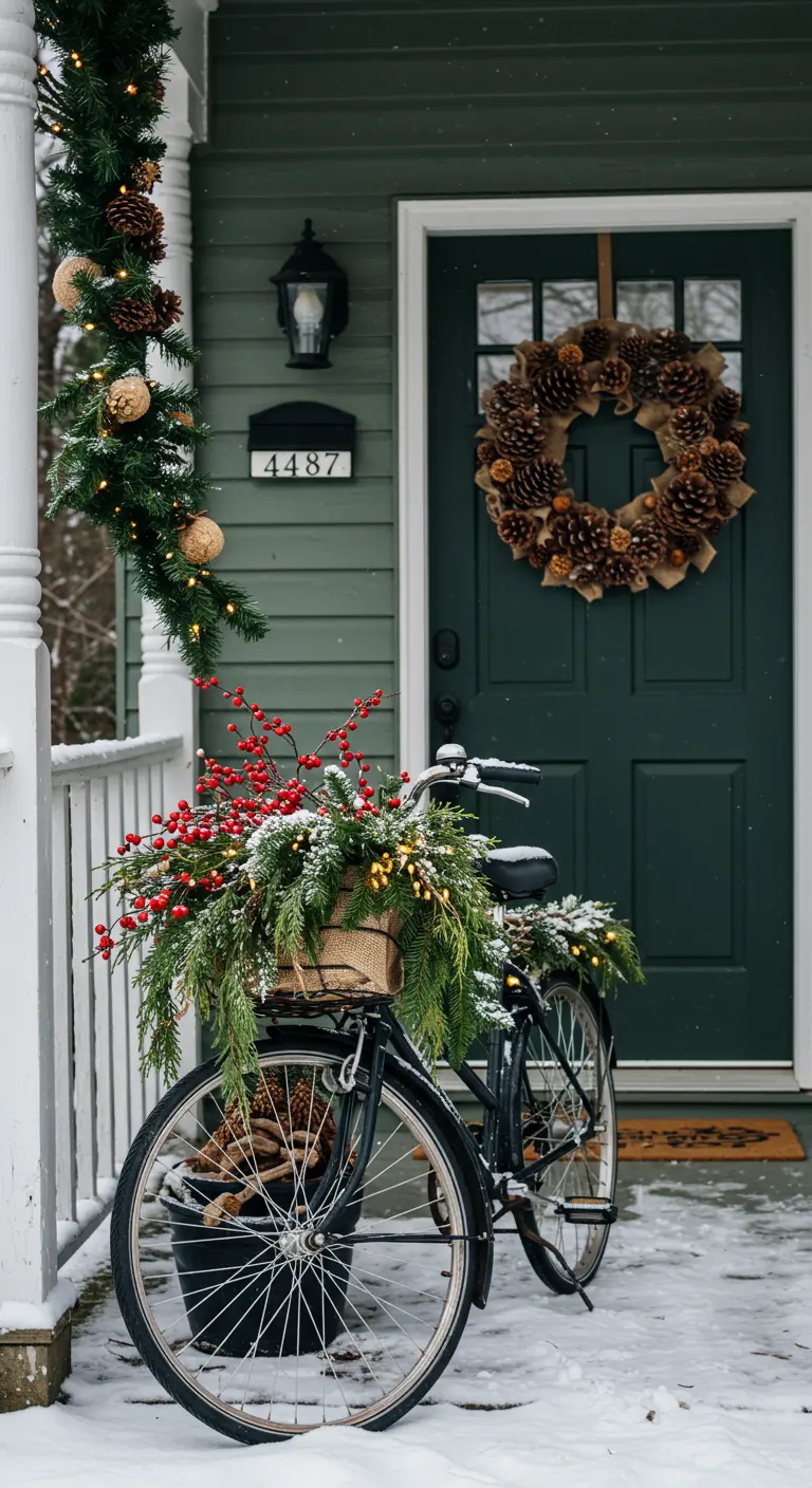Bicicleta decorada para invierno con ramas de pino, bayas rojas y luces cálidas