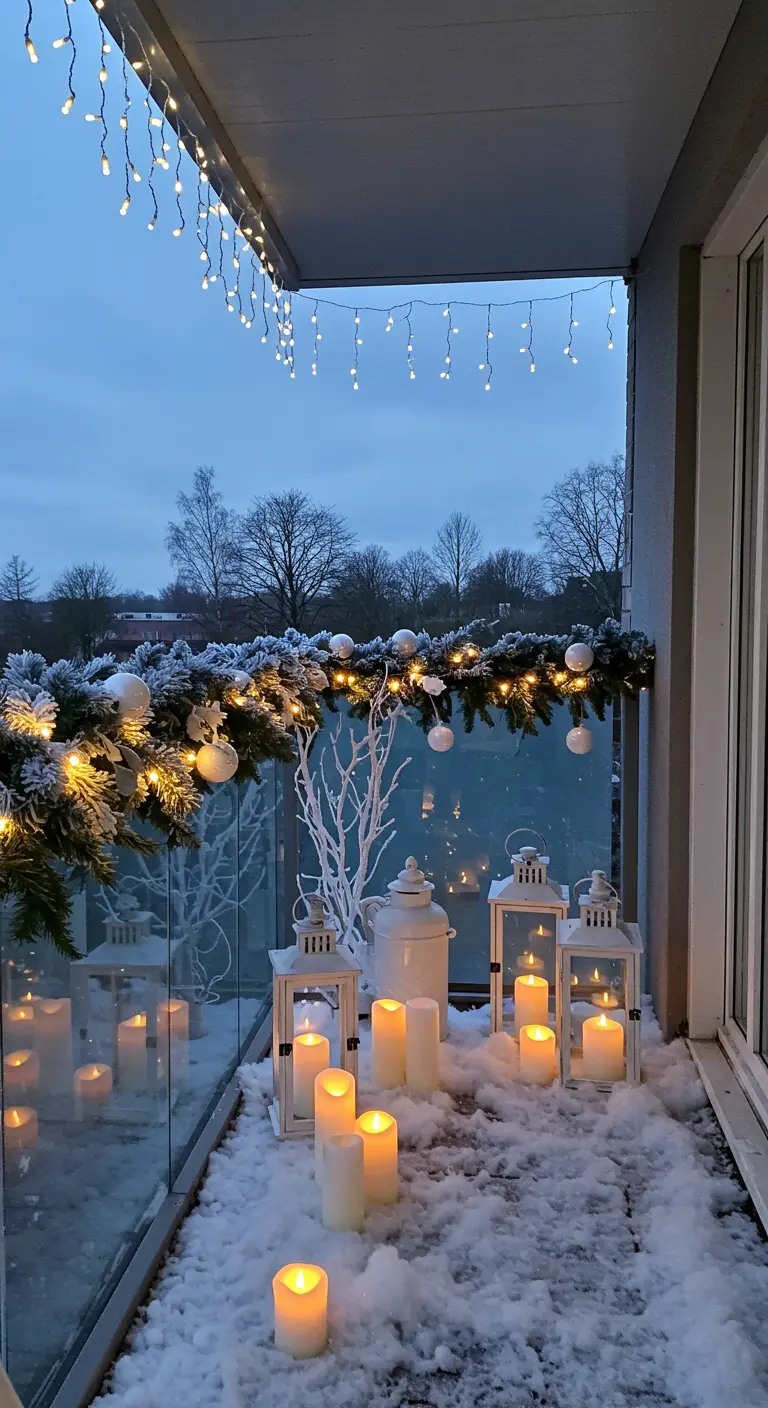 Balcón nevado con farolillos blancos, velas LED y luces de carámbano.