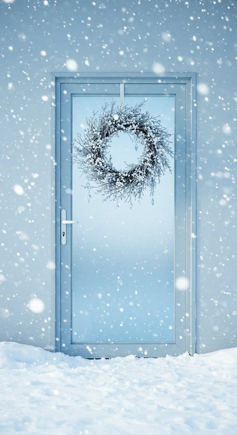 Corona de ramas escarchadas en una puerta de cristal en la nieve.