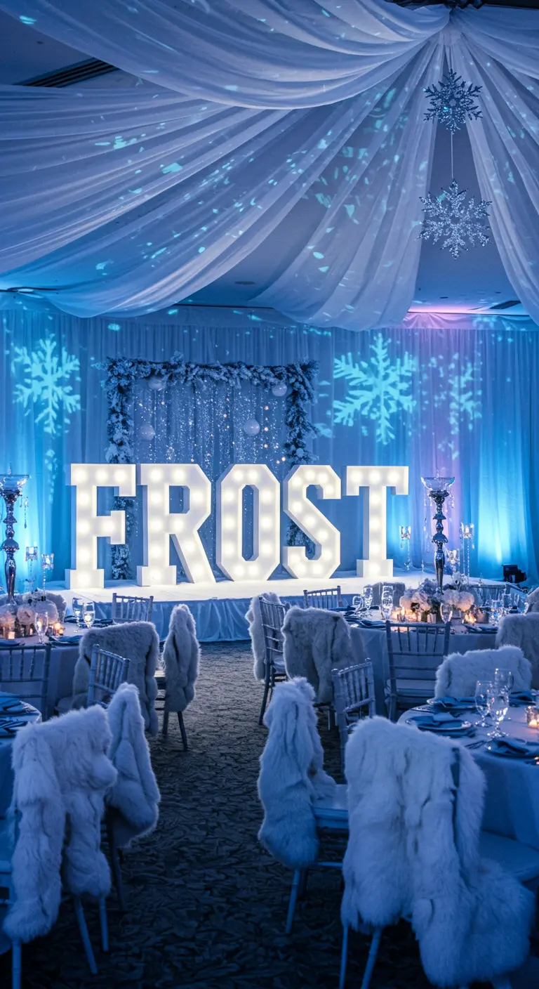 Letras 'FROST' iluminadas en una fiesta temática de invierno con luces azules y decoración de nieve.