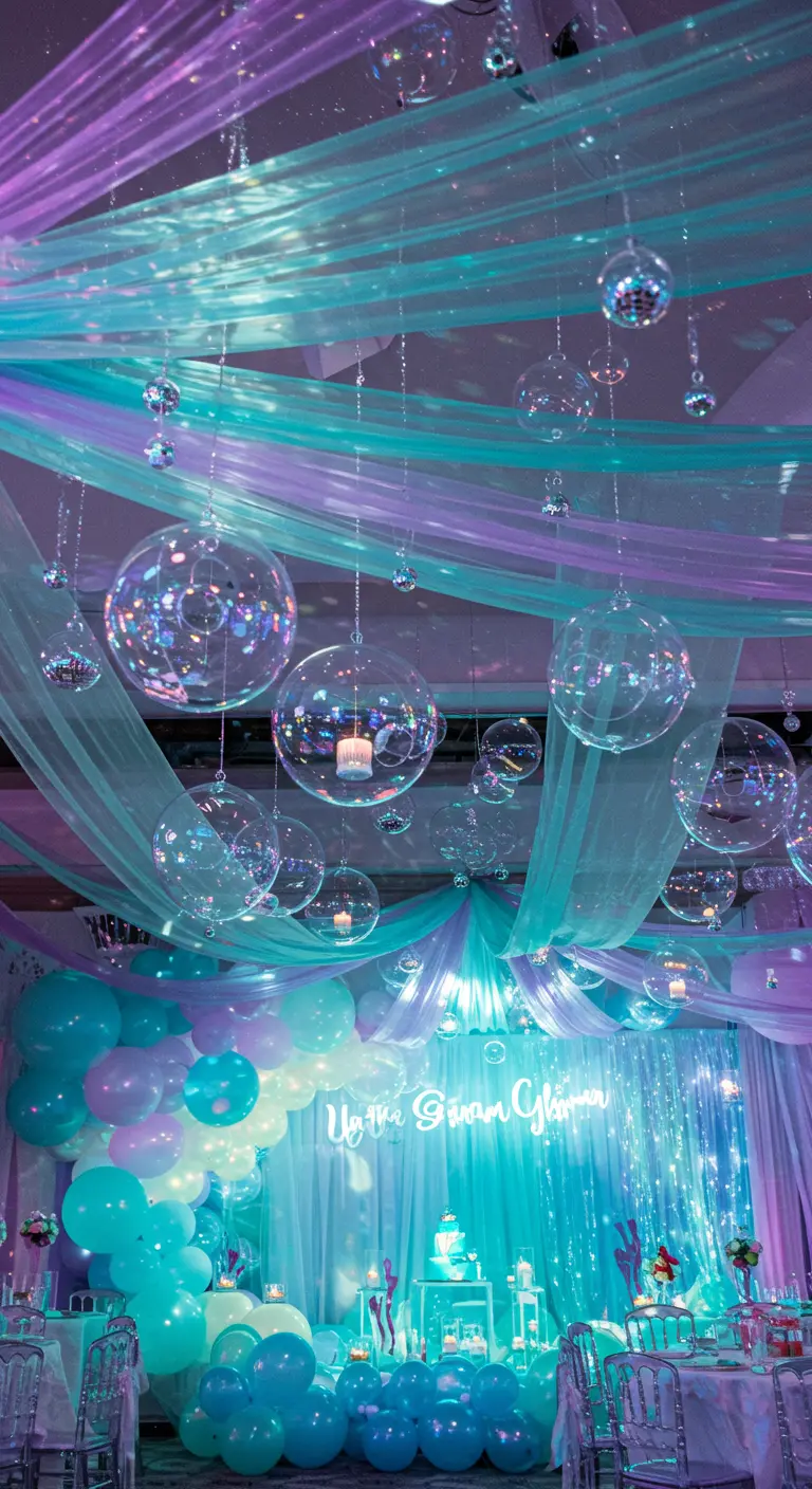 Decoración de cumpleaños con temática de sirena, con telas colgantes, globos y esferas de cristal.