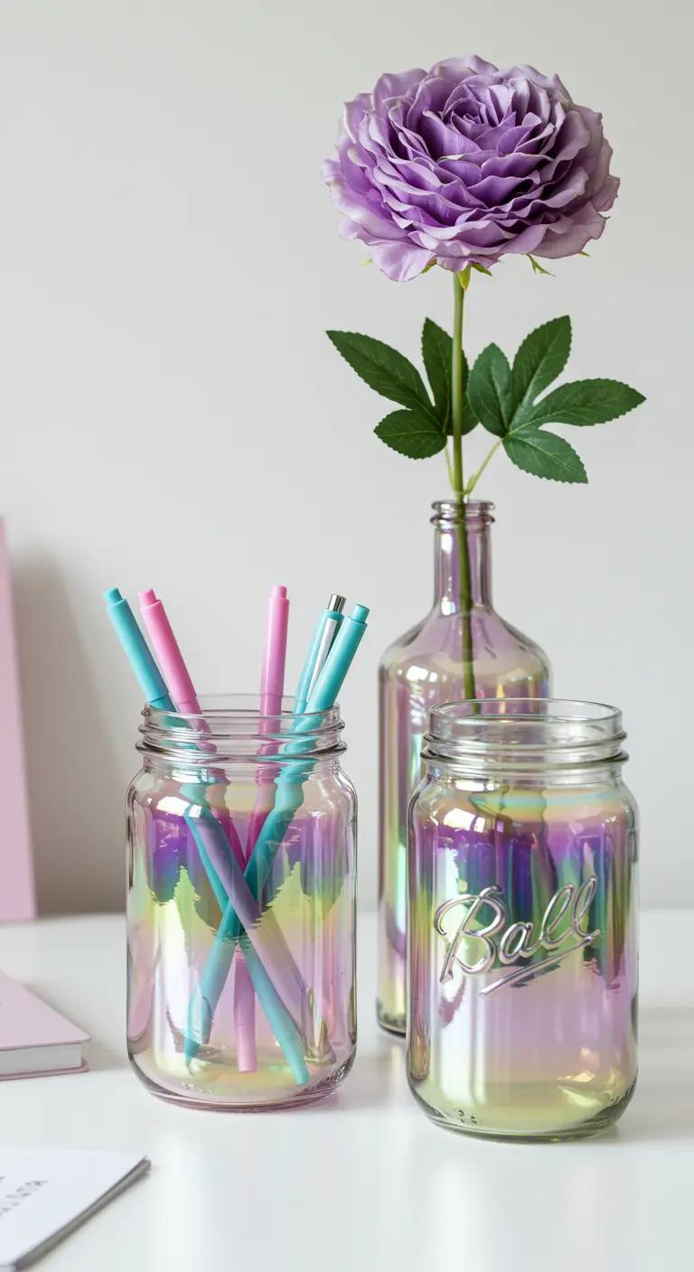 Frascos de vidrio con un acabado de pintura iridiscente, uno con bolígrafos y otro con una flor.