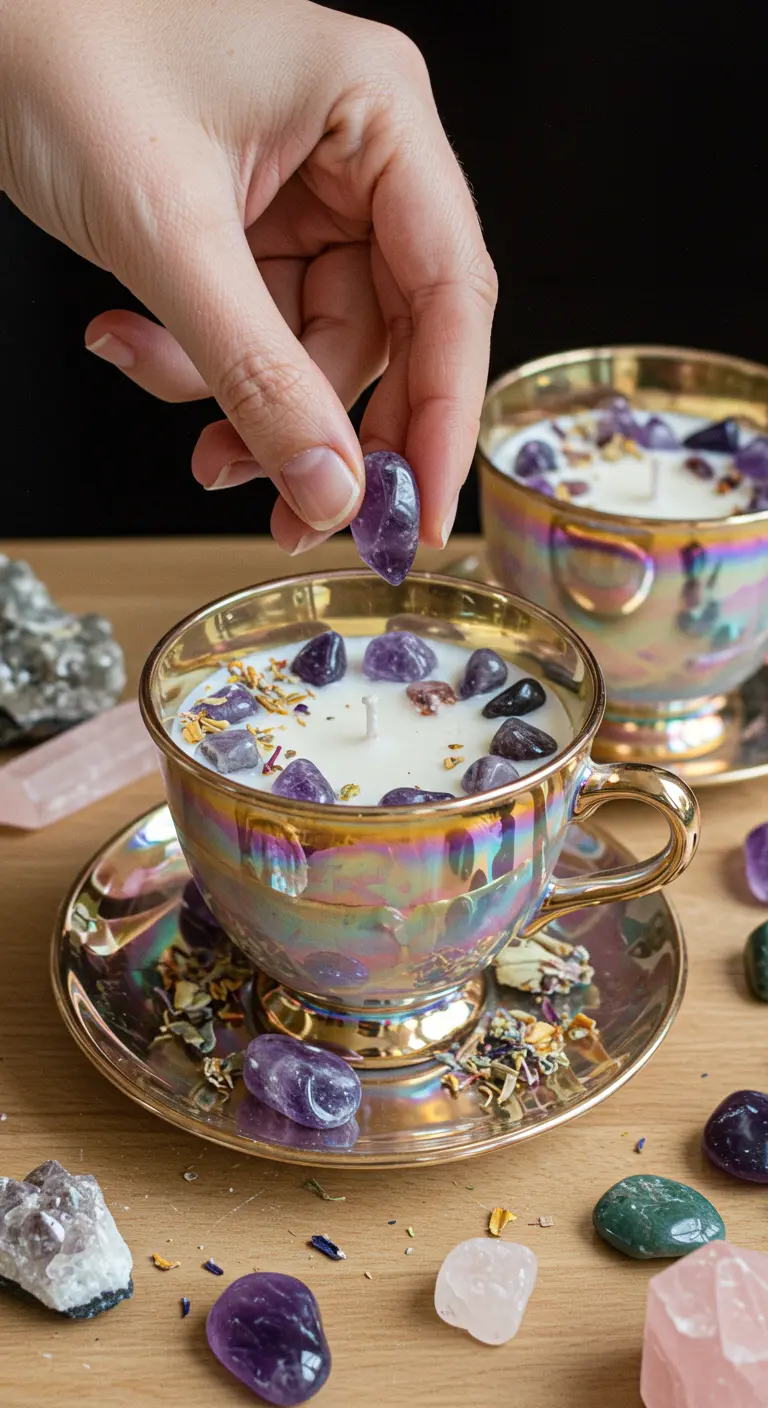 Mano añadiendo una piedra de amatista a una vela en una taza iridiscente con detalles dorados