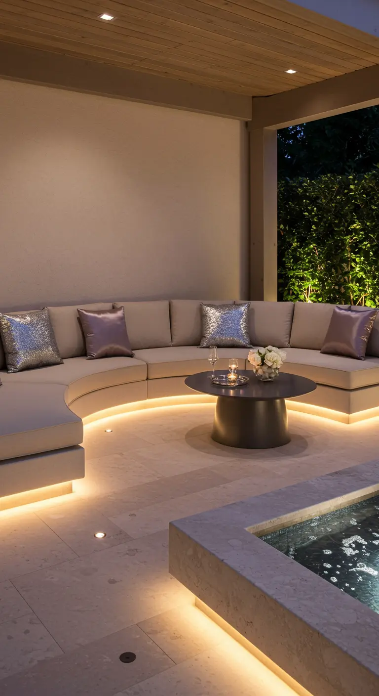 Sofá curvo de exterior iluminado por debajo con tiras de luces LED cálidas.