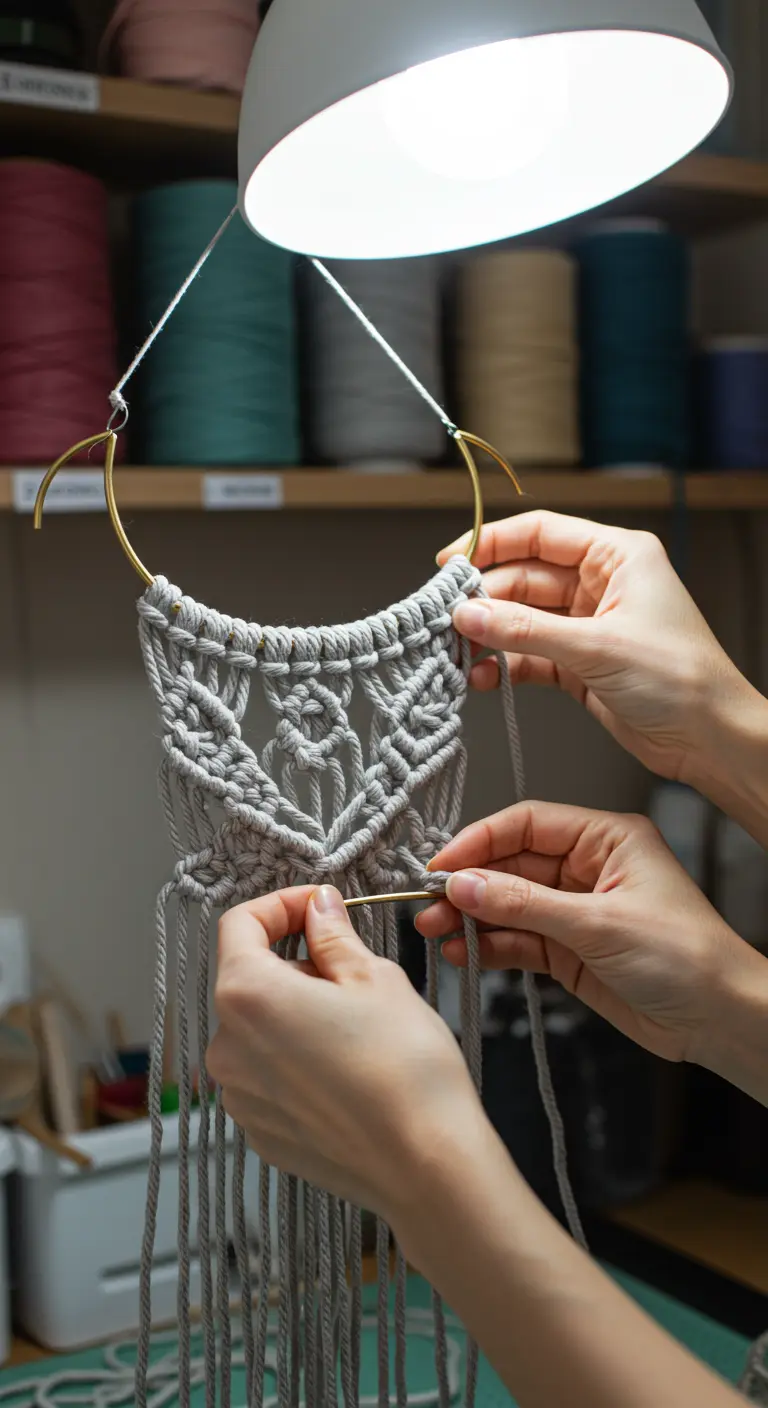 Manos anudando un pequeño tapiz de macramé gris sobre un soporte metálico en forma de luna.