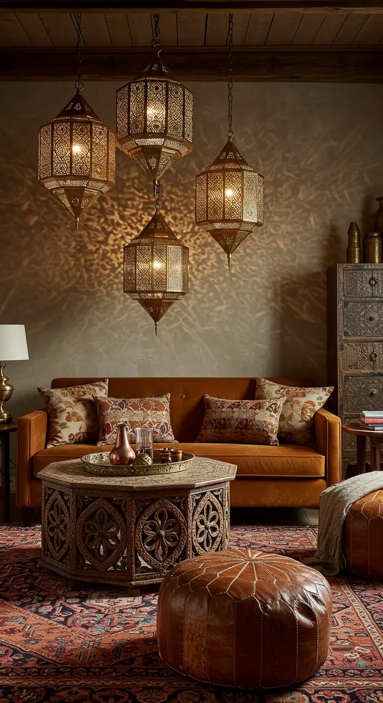 Salón de estilo marroquí con sofá de terciopelo naranja y lámparas de metal calado.