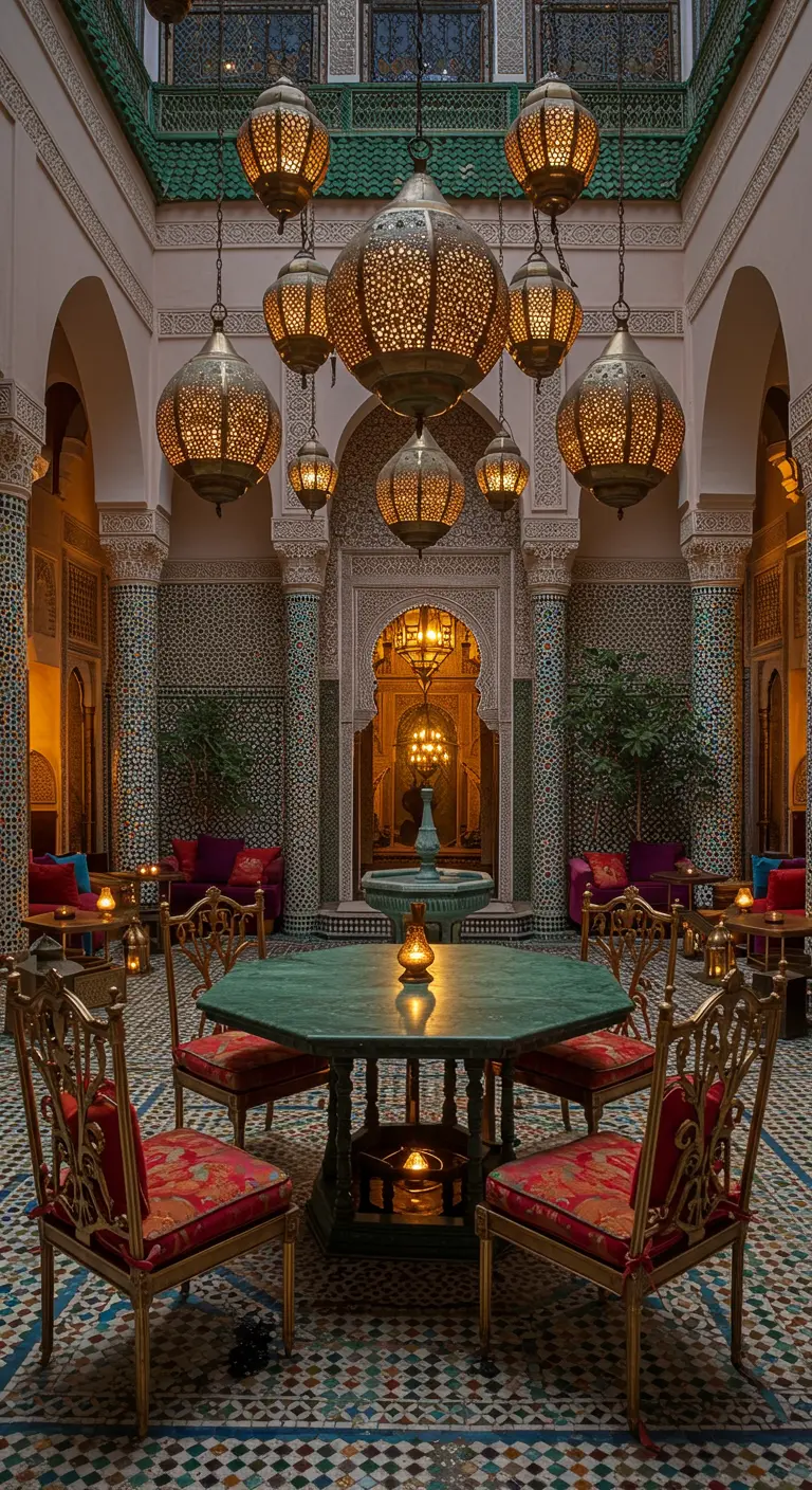 Patio interior marroquí con azulejos, una fuente y grandes farolillos dorados colgantes