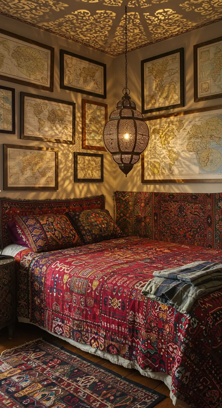 Lámpara marroquí de metal calado que proyecta sombras en un dormitorio bohemio y exótico.