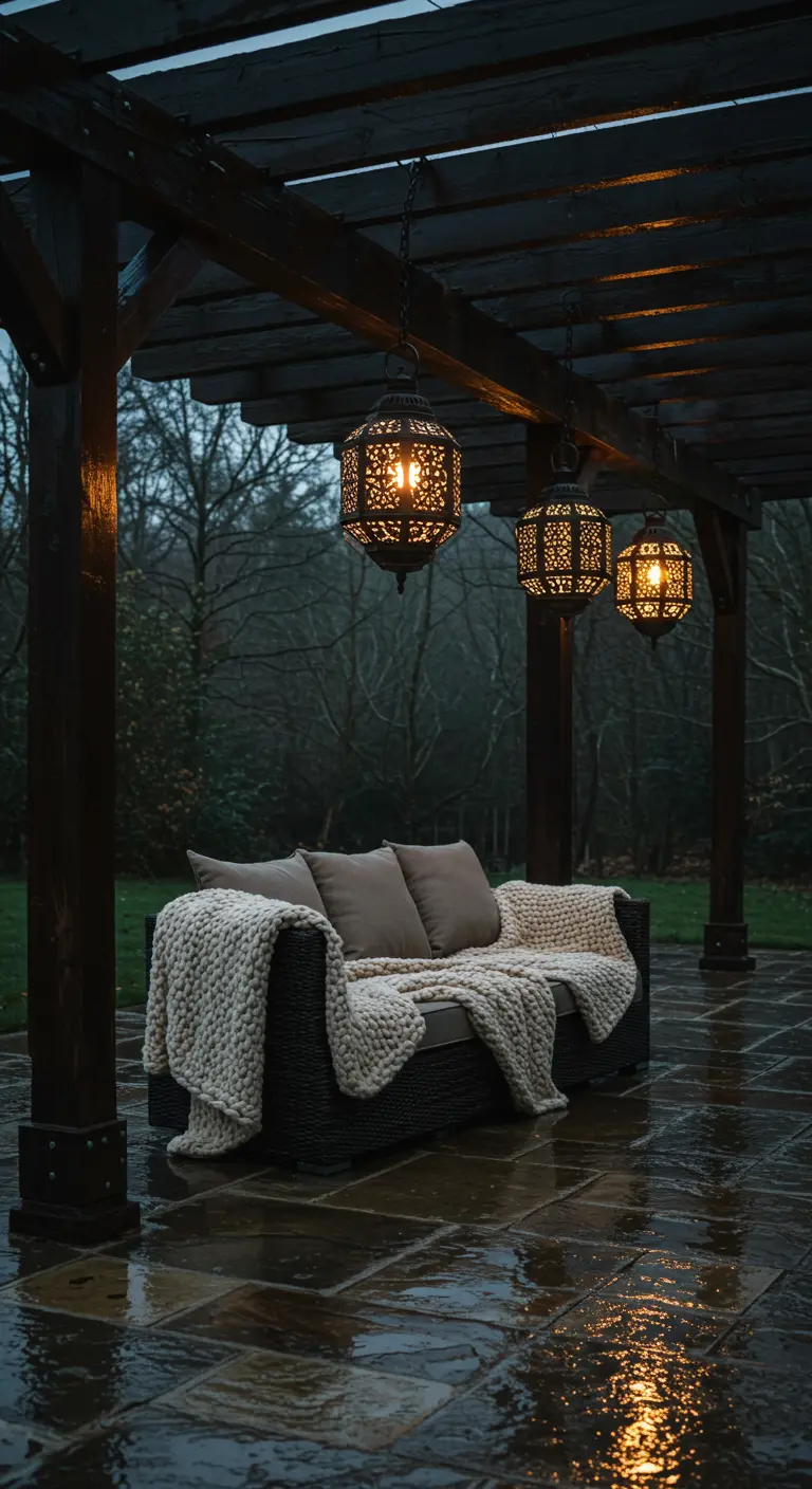 Patio oscuro y lluvioso con pérgola, sofá con manta y faroles marroquíes encendidos