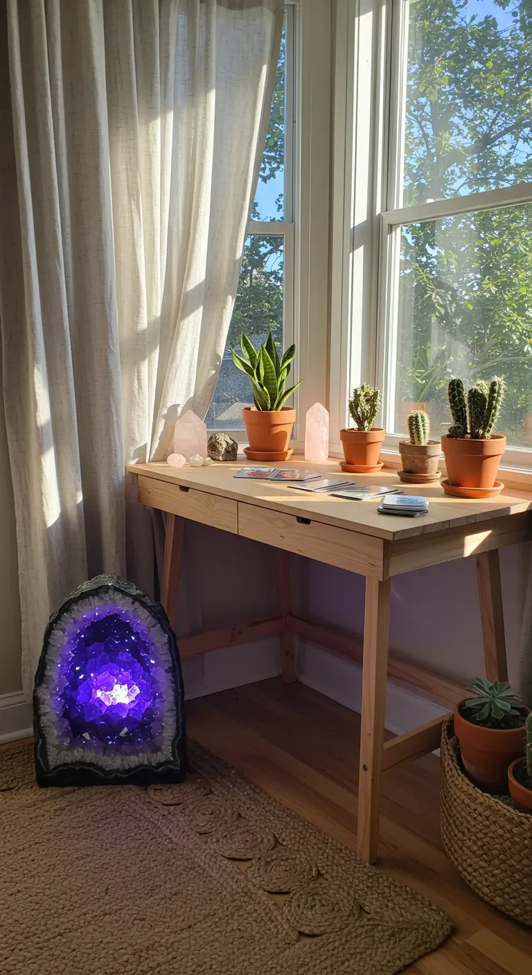 Escritorio de madera junto a una ventana soleada, con cactus, cuarzos y una geoda de amatista iluminada.