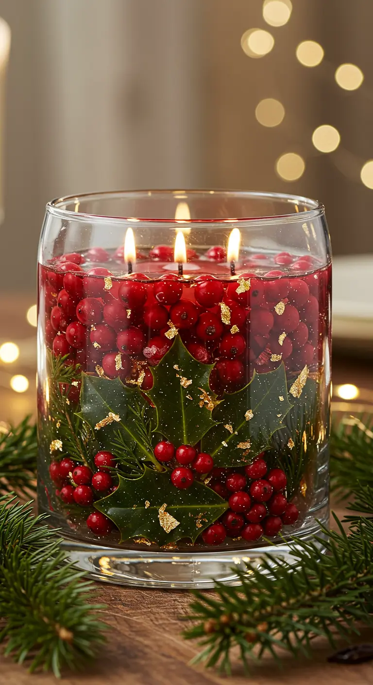 Vela navideña grande con tres mechas, decorada con hojas de acebo, bayas rojas y pan de oro.