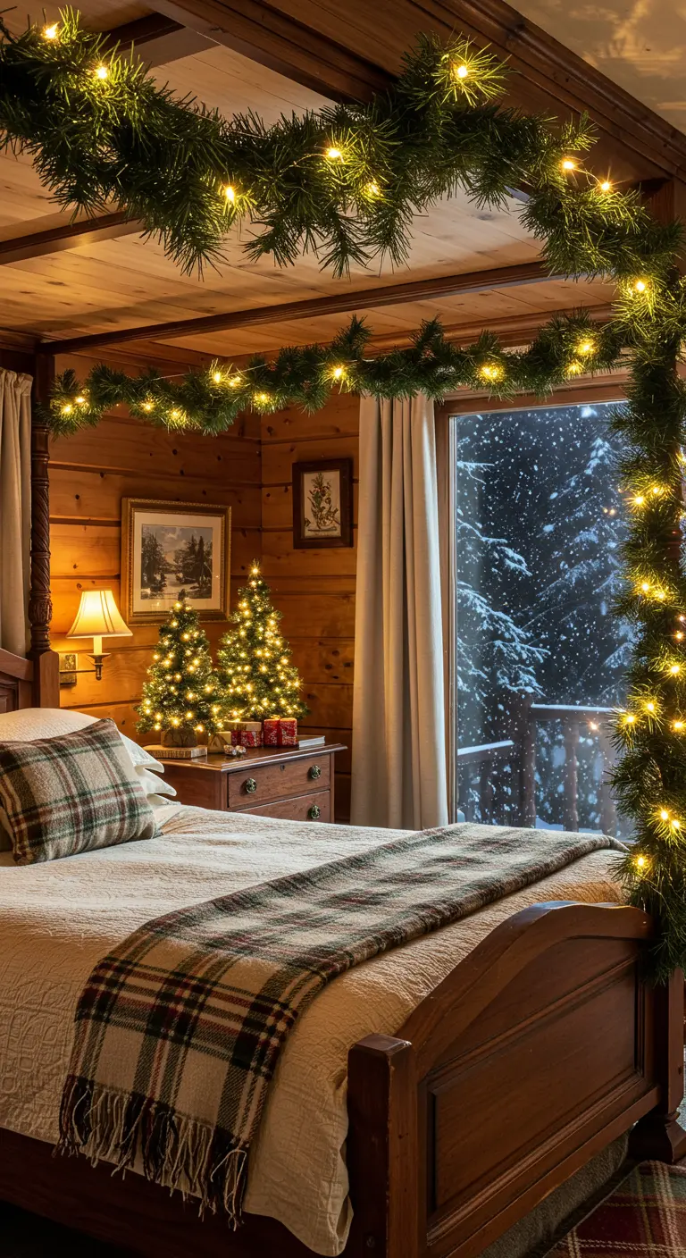 Dormitorio rústico decorado para Navidad con guirnaldas de pino y luces cálidas.
