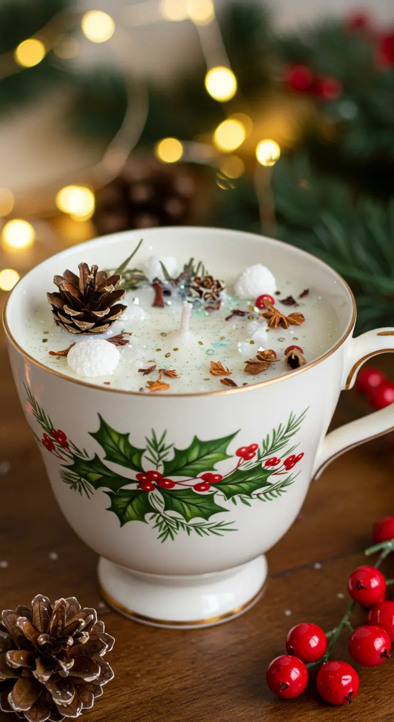 Vela navideña en una taza con decoración de acebo, piñas y nieve artificial